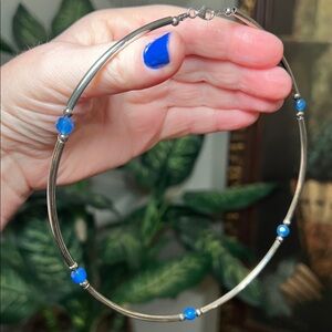 Vintage Italy 925 Sterling Silver Tube Blue Gem Choker Collar Necklace